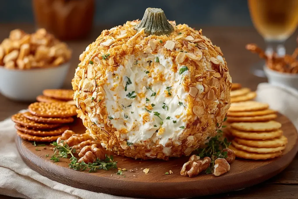 Festive Pumpkin Cheese Ball coated with crushed nuts and herbs, served with crackers and walnuts for a cozy autumn appetizer spread.