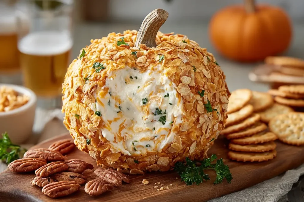 Festive Pumpkin Cheese Ball coated with crunchy crackers and herbs, served with pecans and crackers on a wooden board for a cozy fall appetizer.