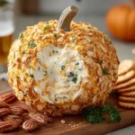 Festive Pumpkin Cheese Ball coated with crunchy crackers and herbs, served with pecans and crackers on a wooden board for a cozy fall appetizer.