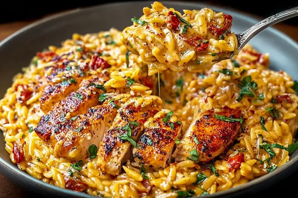 Creamy One Pot Cajun Chicken Alfredo Orzo with juicy seared chicken, tender orzo pasta, and rich Cajun-spiced Alfredo sauce garnished with parsley.