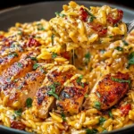 Creamy One Pot Cajun Chicken Alfredo Orzo with juicy seared chicken, tender orzo pasta, and rich Cajun-spiced Alfredo sauce garnished with parsley.