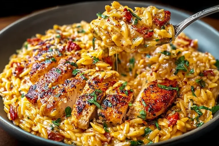 Creamy One Pot Cajun Chicken Alfredo Orzo with juicy seared chicken, tender orzo pasta, and rich Cajun-spiced Alfredo sauce garnished with parsley.