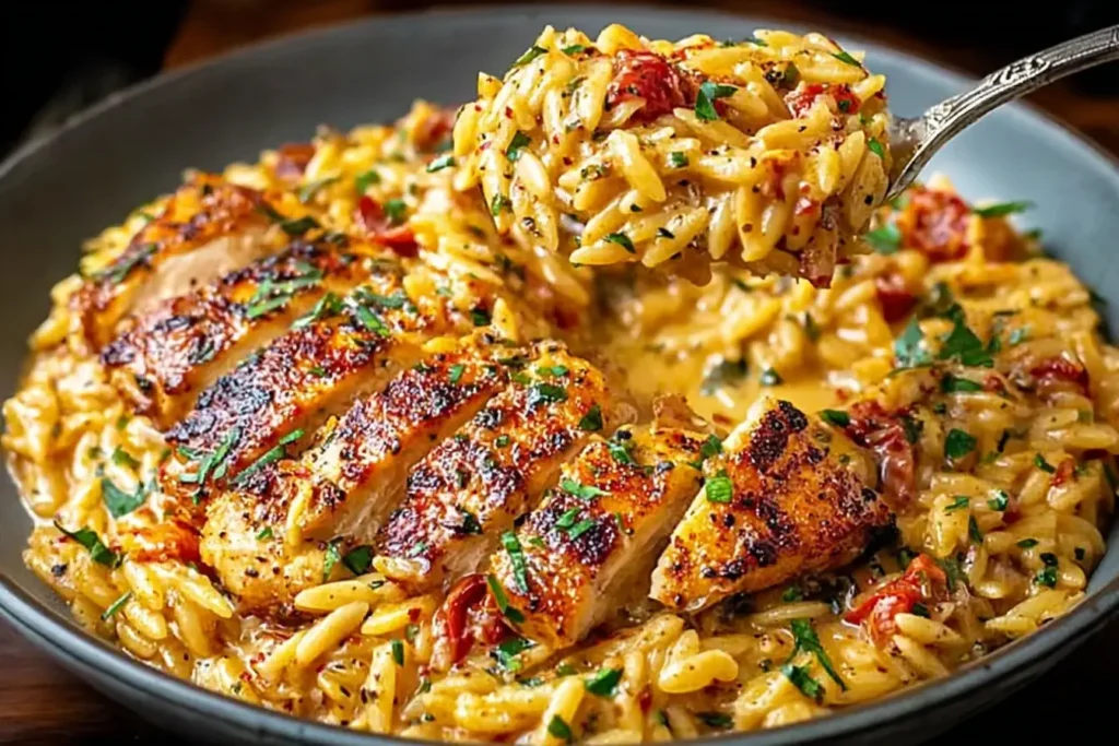 Close-up of creamy One Pot Cajun Chicken Alfredo Orzo topped with juicy, golden-seared chicken and fresh parsley in a rich, cheesy Cajun sauce.