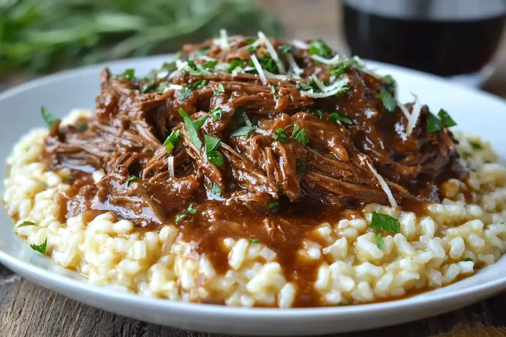 Rich Italian Pot Roast and Parmesan Risotto topped with fresh herbs and shredded cheese, served in a creamy sauce for the ultimate comfort meal.