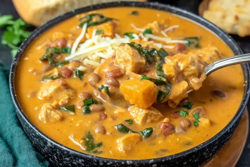 Spoonful of creamy pumpkin chicken soup with beans, spinach, and tender chunks of chicken in a rich, orange broth.