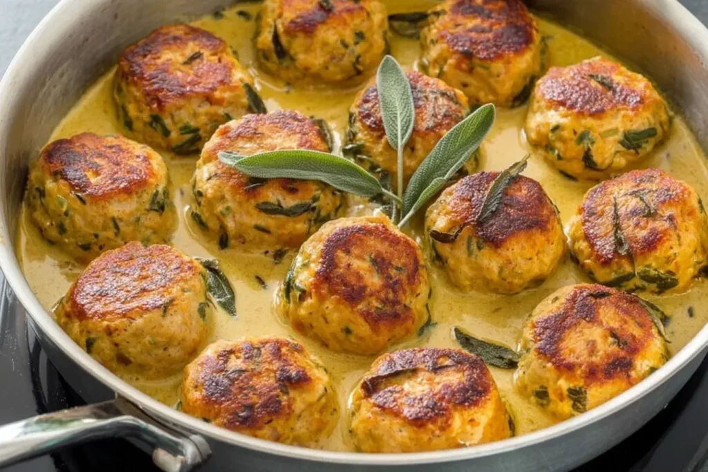 Golden-browned Pumpkin Chicken Meatballs in Sage Cream Sauce simmering in a skillet with fresh sage leaves.