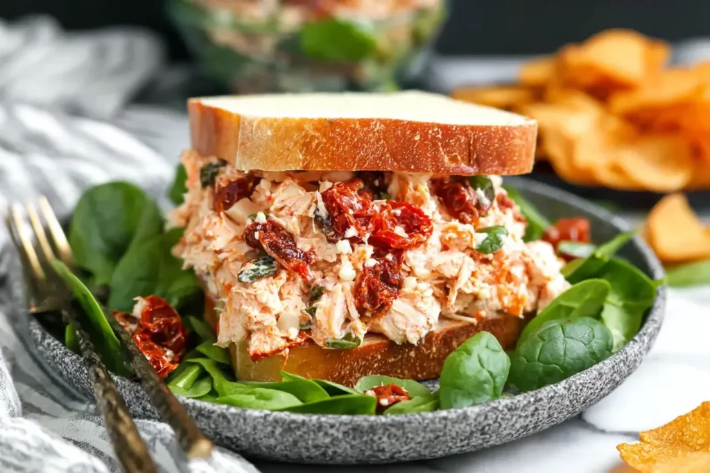 Creamy Sun Dried Tomato Chicken Salad sandwich on fresh bread with spinach leaves and chips on the side.
