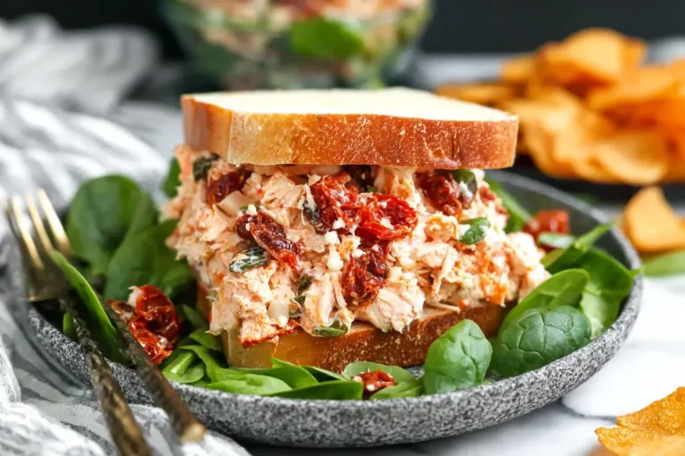 Creamy Sun Dried Tomato Chicken Salad sandwich on fresh bread with spinach leaves and chips on the side.
