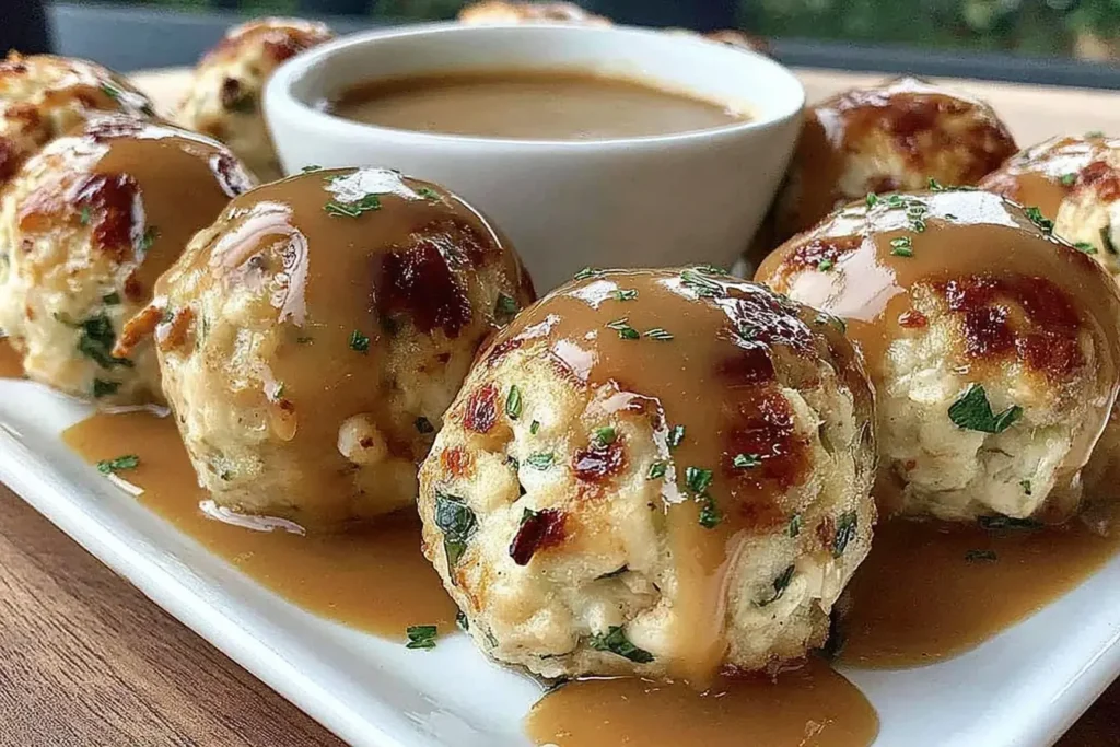 Turkey stuffing balls drizzled with gravy and garnished with parsley, served on a white platter with a dipping bowl of gravy.