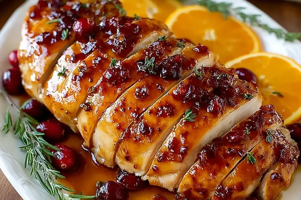 Close-up of Cranberry Orange Glazed Turkey Breast sliced and topped with sticky cranberry glaze, garnished with fresh herbs and orange slices.