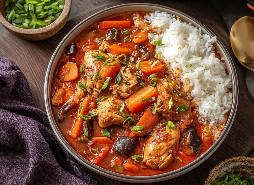Slow Cooker Korean Chicken Stew served with fluffy white rice, carrots, mushrooms, and green onions in a rich, spicy gochujang sauce.