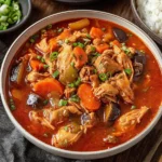 Slow Cooker Korean Chicken Stew in a bowl with tender chicken, carrots, mushrooms, and spicy gochujang broth topped with fresh spring onions.