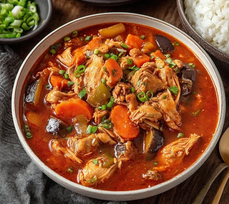 Slow Cooker Korean Chicken Stew in a bowl with tender chicken, carrots, mushrooms, and spicy gochujang broth topped with fresh spring onions.