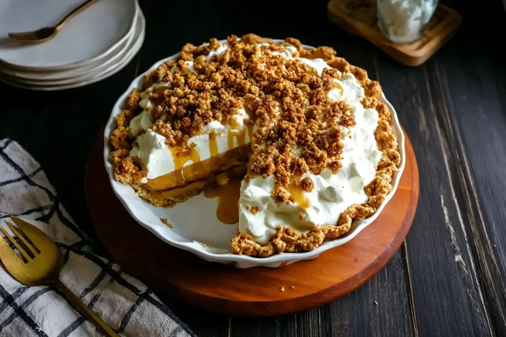 Creamy Milk Bar Hilly’s Pumpkin Caramel Pie recipe topped with whipped cream, caramel drizzle, and crunchy streusel crumbs on a rustic wooden table.