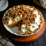 Creamy Milk Bar Hilly’s Pumpkin Caramel Pie recipe topped with whipped cream, caramel drizzle, and crunchy streusel crumbs on a rustic wooden table.