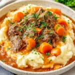 Fall Apple Cider Stew Mash served over creamy mashed potatoes with tender beef and carrots in rich apple cider gravy.