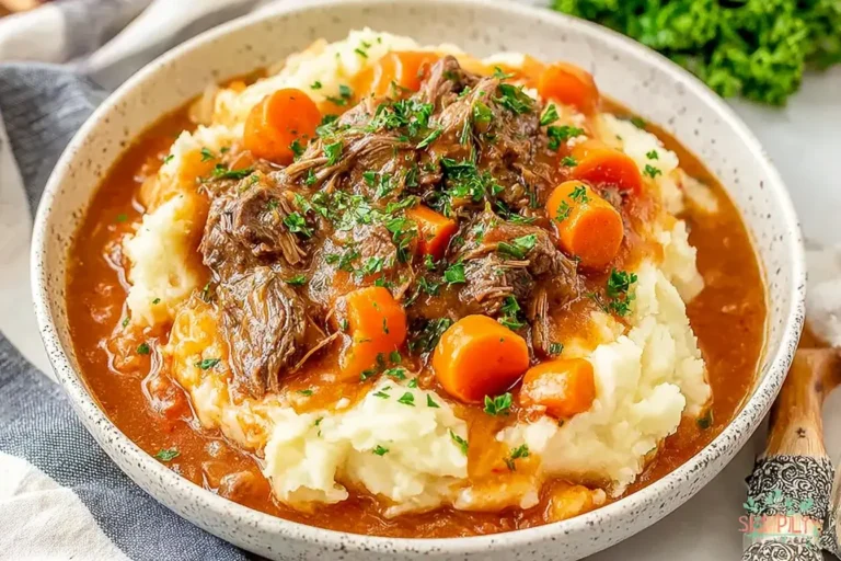 Fall Apple Cider Stew Mash served over creamy mashed potatoes with tender beef and carrots in rich apple cider gravy.