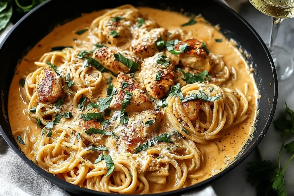 Creamy Marry Me Pumpkin Chicken Pasta with tender seared chicken, spaghetti, and fresh basil in a rich pumpkin sauce.