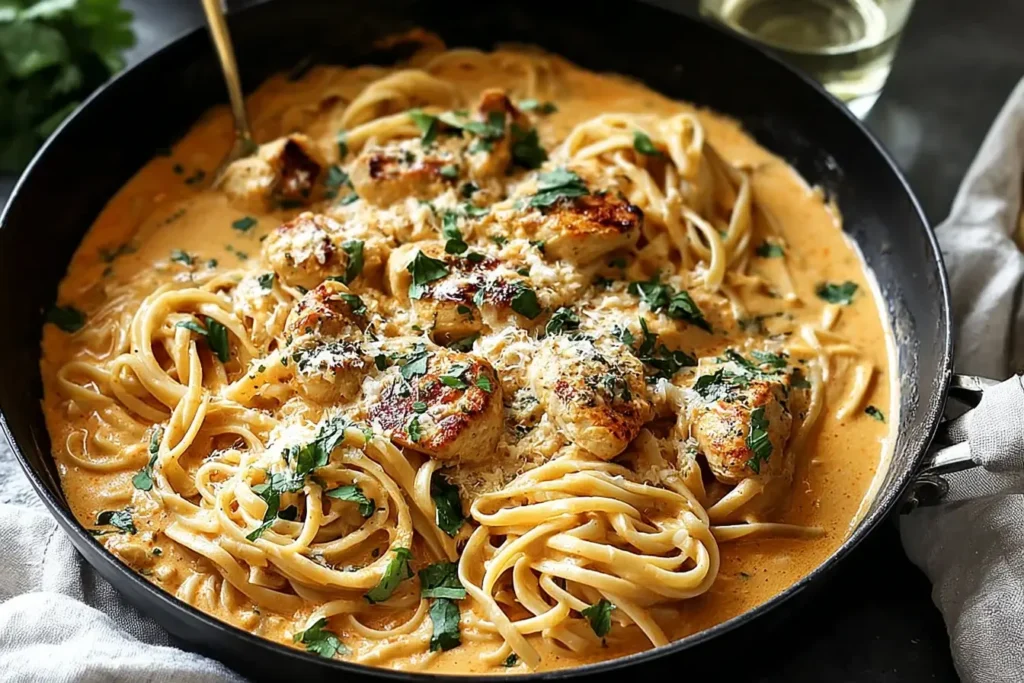 Creamy Marry Me Pumpkin Chicken Pasta in a skillet with seared chicken, parmesan, and fresh herbs.