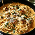 Creamy Marry Me Pumpkin Chicken Pasta in a skillet with seared chicken, parmesan, and fresh herbs.