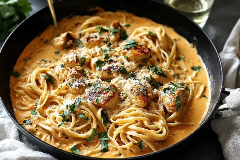 Creamy Marry Me Pumpkin Chicken Pasta in a skillet with seared chicken, parmesan, and fresh herbs.