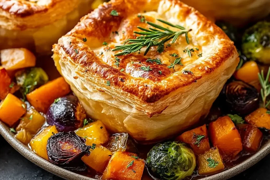 Golden-baked Roasted Autumn Vegetable Pot Pies surrounded by caramelized root vegetables, Brussels sprouts, and herbs for a cozy fall meal.