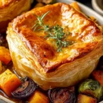 Golden flaky Roasted Autumn Vegetable Pot Pies with butternut squash, Brussels sprouts, and herbs served on a rustic plate.
