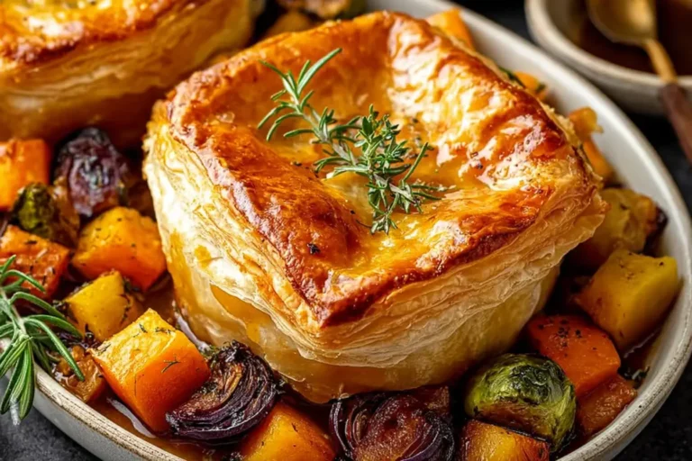 Golden flaky Roasted Autumn Vegetable Pot Pies with butternut squash, Brussels sprouts, and herbs served on a rustic plate.