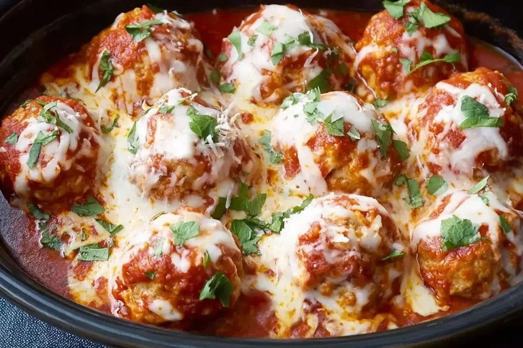 Slow Cooker Chicken Parm Meatballs topped with melted mozzarella and fresh herbs in rich marinara sauce