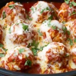 Slow Cooker Chicken Parm Meatballs topped with melted mozzarella and fresh herbs in rich marinara sauce