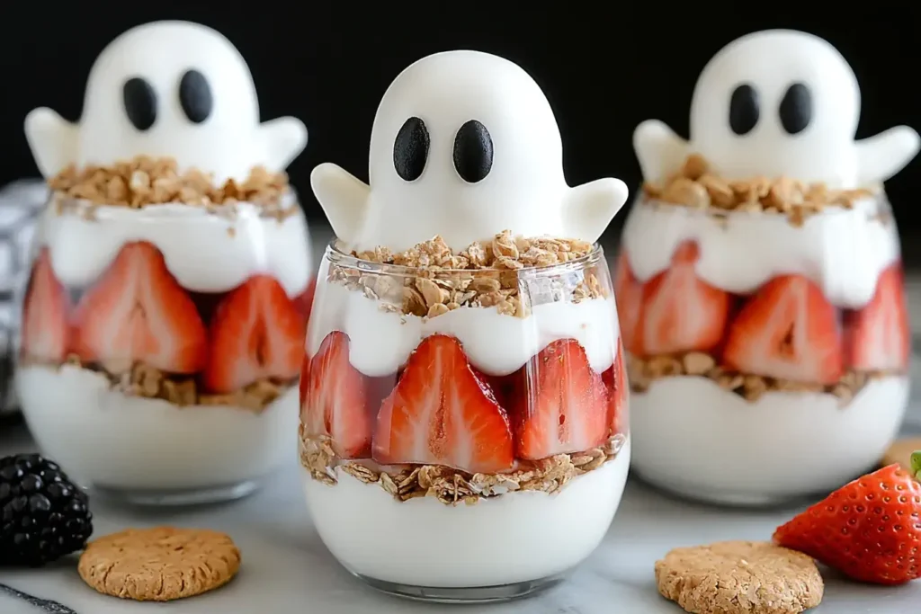 Ghostly Yogurt Parfaits layered with creamy yogurt, fresh strawberries, crunchy granola, and topped with marshmallow ghosts for Halloween.