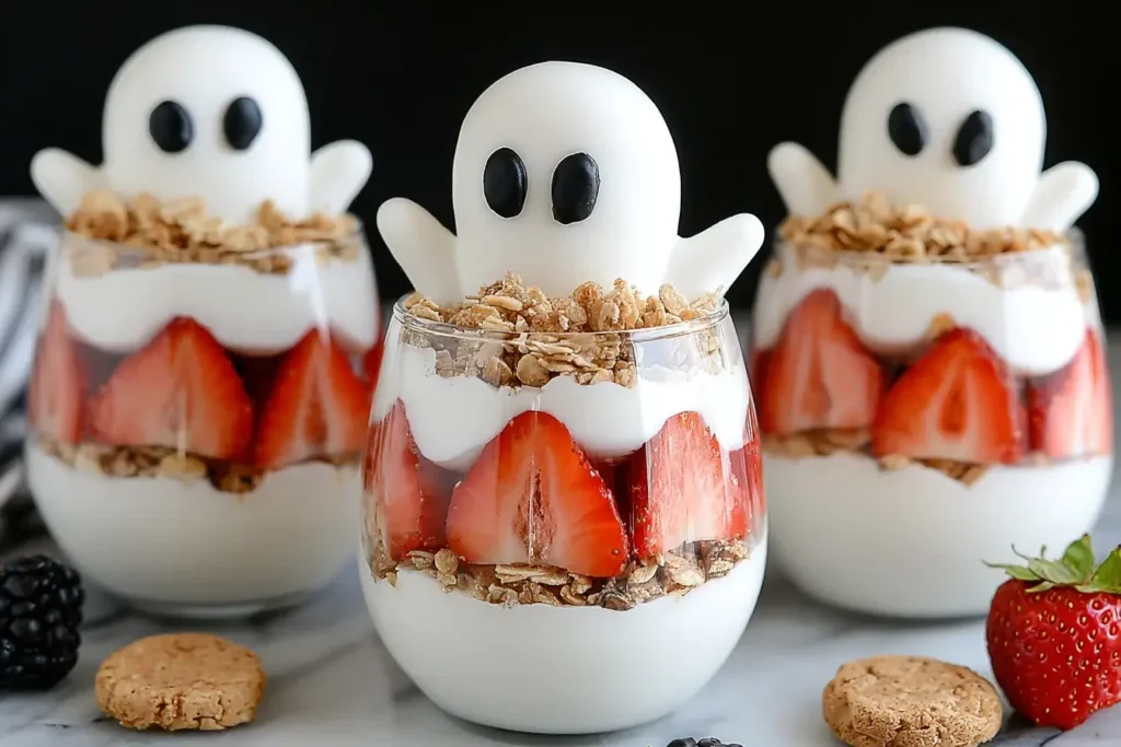 Ghostly Yogurt Parfaits with layers of vanilla yogurt, granola, strawberries, and marshmallow ghosts for a fun Halloween dessert.