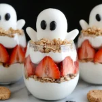 Ghostly Yogurt Parfaits with layers of vanilla yogurt, granola, strawberries, and marshmallow ghosts for a fun Halloween dessert.