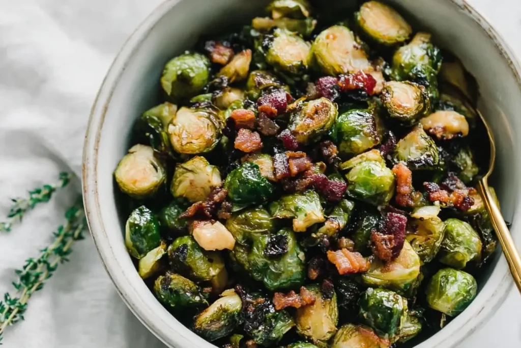 Maple Bacon Brussels Sprouts in a ceramic bowl with crispy bacon and caramelized edges, a sweet and savory holiday side dish.
