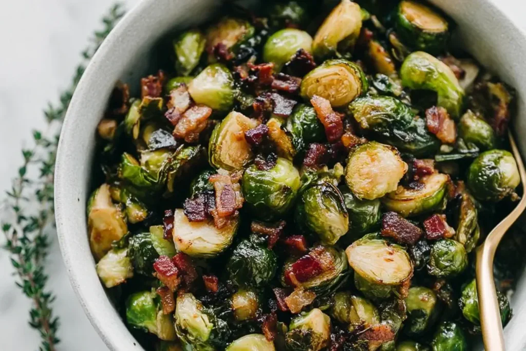 Crispy Maple Bacon Brussels Sprouts with pecans in a white bowl, a sweet and savory side dish perfect for holidays or weeknight dinners.