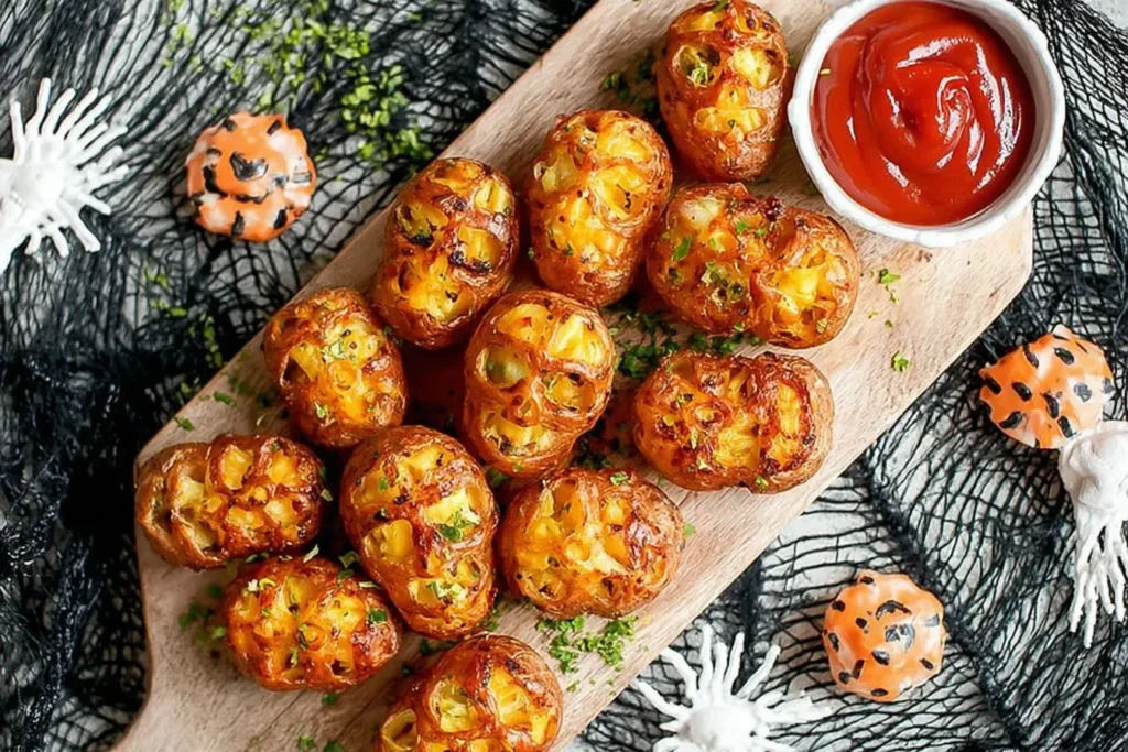 Crispy Halloween Skull Potatoes served with ketchup on a wooden board, perfect spooky snack for Halloween parties