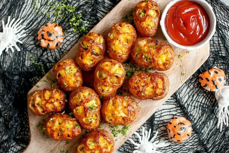 Crispy Halloween Skull Potatoes served with ketchup on a wooden board, perfect spooky snack for Halloween parties