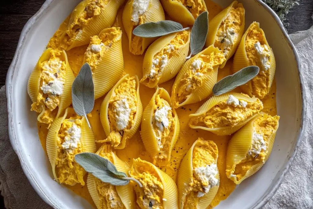 Close-up of Creamy Pumpkin Ricotta Stuffed Shells topped with ricotta cheese and sage leaves, baked in a creamy pumpkin sauce for a cozy fall meal.