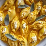 Close-up of Creamy Pumpkin Ricotta Stuffed Shells topped with ricotta cheese and sage leaves, baked in a creamy pumpkin sauce for a cozy fall meal.