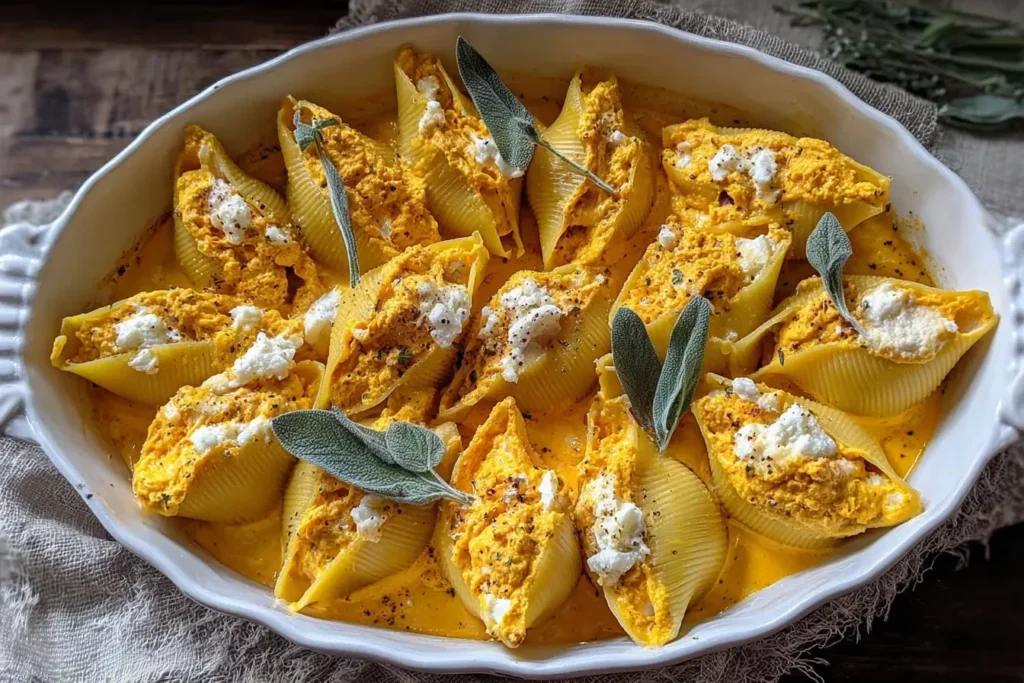 Creamy Pumpkin Ricotta Stuffed Shells baked in a white dish with golden pumpkin filling, ricotta cheese, and fresh sage leaves on top.