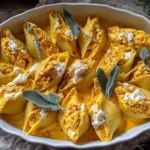 Creamy Pumpkin Ricotta Stuffed Shells baked in a white dish with golden pumpkin filling, ricotta cheese, and fresh sage leaves on top.