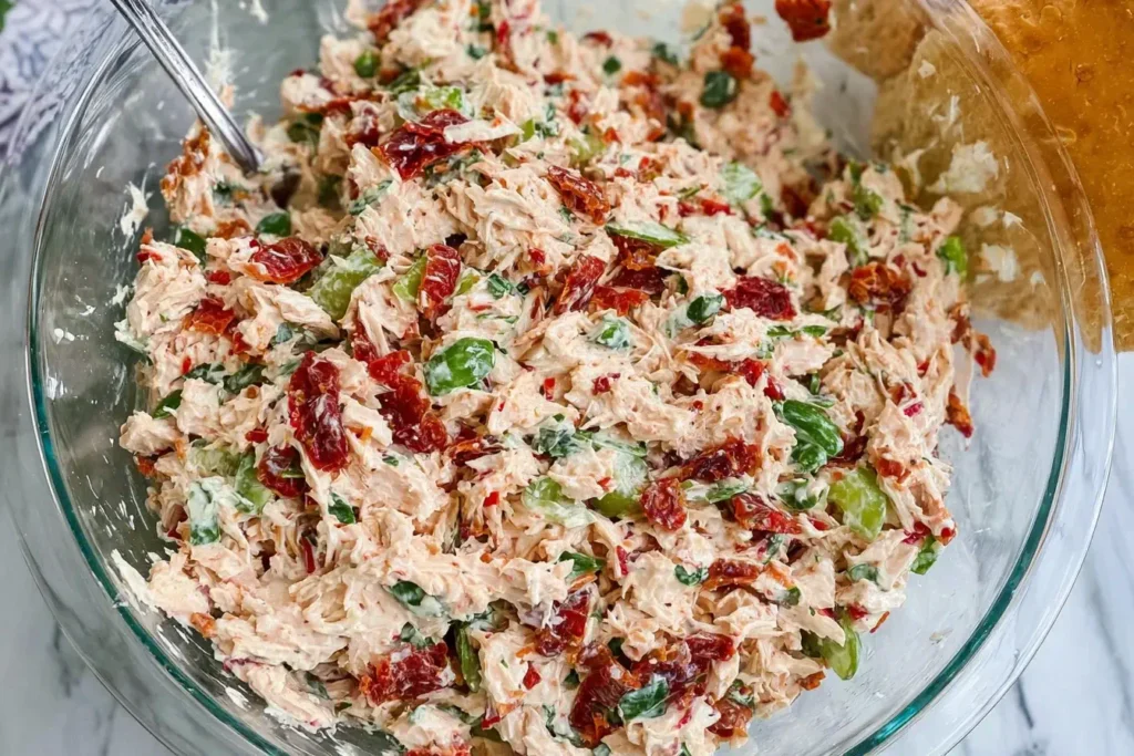 Bowl of creamy Sun Dried Tomato Chicken Salad with fresh basil, celery, and Greek yogurt dressing.