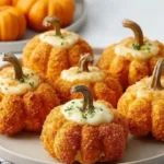 Golden, crispy chicken pumpkin recipe topped with melted cheese and celery stems, shaped like mini pumpkins—perfect for fall and Halloween gatherings.
