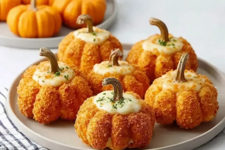 Golden, crispy chicken pumpkin recipe topped with melted cheese and celery stems, shaped like mini pumpkins—perfect for fall and Halloween gatherings.