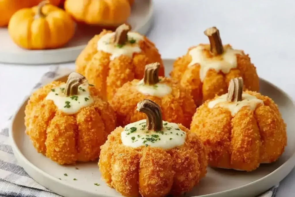 Crispy golden chicken pumpkins recipe with melted cheese topping and celery stems, shaped like mini pumpkin for a fun fall and Halloween meal.