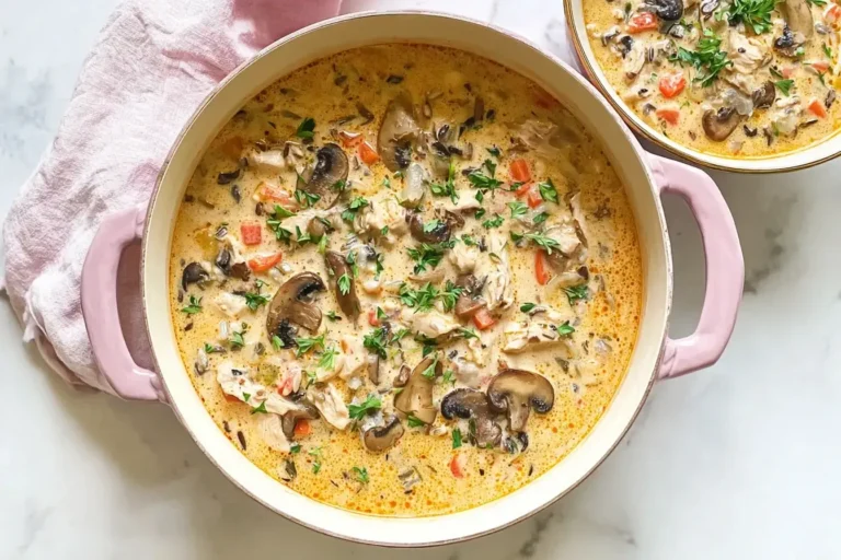 Creamy chicken wild rice soup with mushrooms and carrots in a pink Dutch oven, topped with fresh thyme.