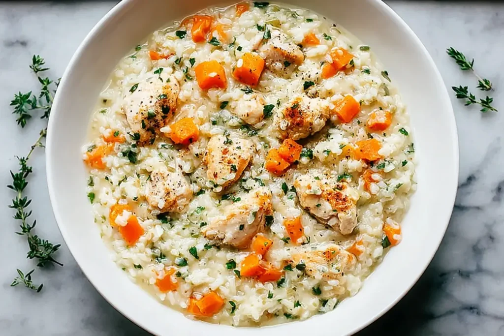 Creamy one-pot chicken and rice (gluten-free) with tender chicken, fluffy rice, and carrots served in a white bowl for a cozy dinner.