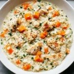 Creamy one-pot chicken and rice (gluten-free) with tender chicken, fluffy rice, and carrots served in a white bowl for a cozy dinner.