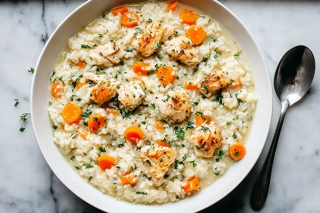 Creamy one-pot chicken and rice (gluten-free) with tender chicken, fluffy rice, and carrots served warm in a white bowl beside a spoon.
