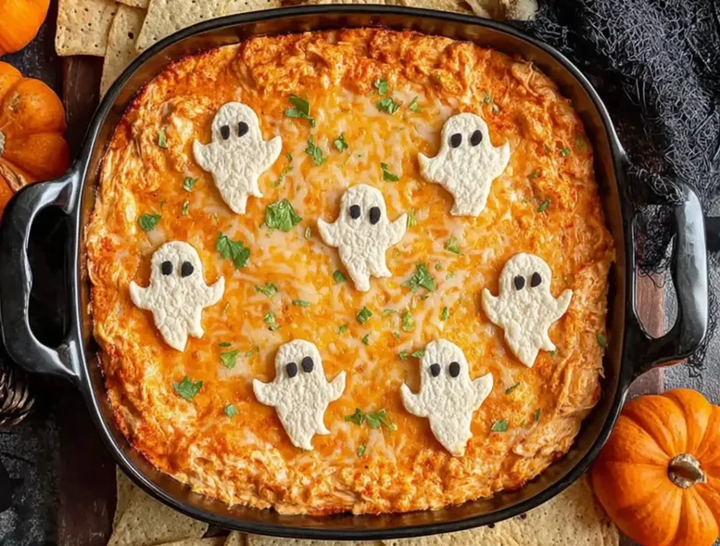 Halloween Buffalo Chicken Dip topped with ghost-shaped tortillas, melted cheese, and fresh herbs in a black baking dish